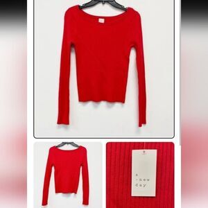 Xs Bright Red Long Sleeve Ribbed Top A New Day New Tag Attached Wonens Fitted